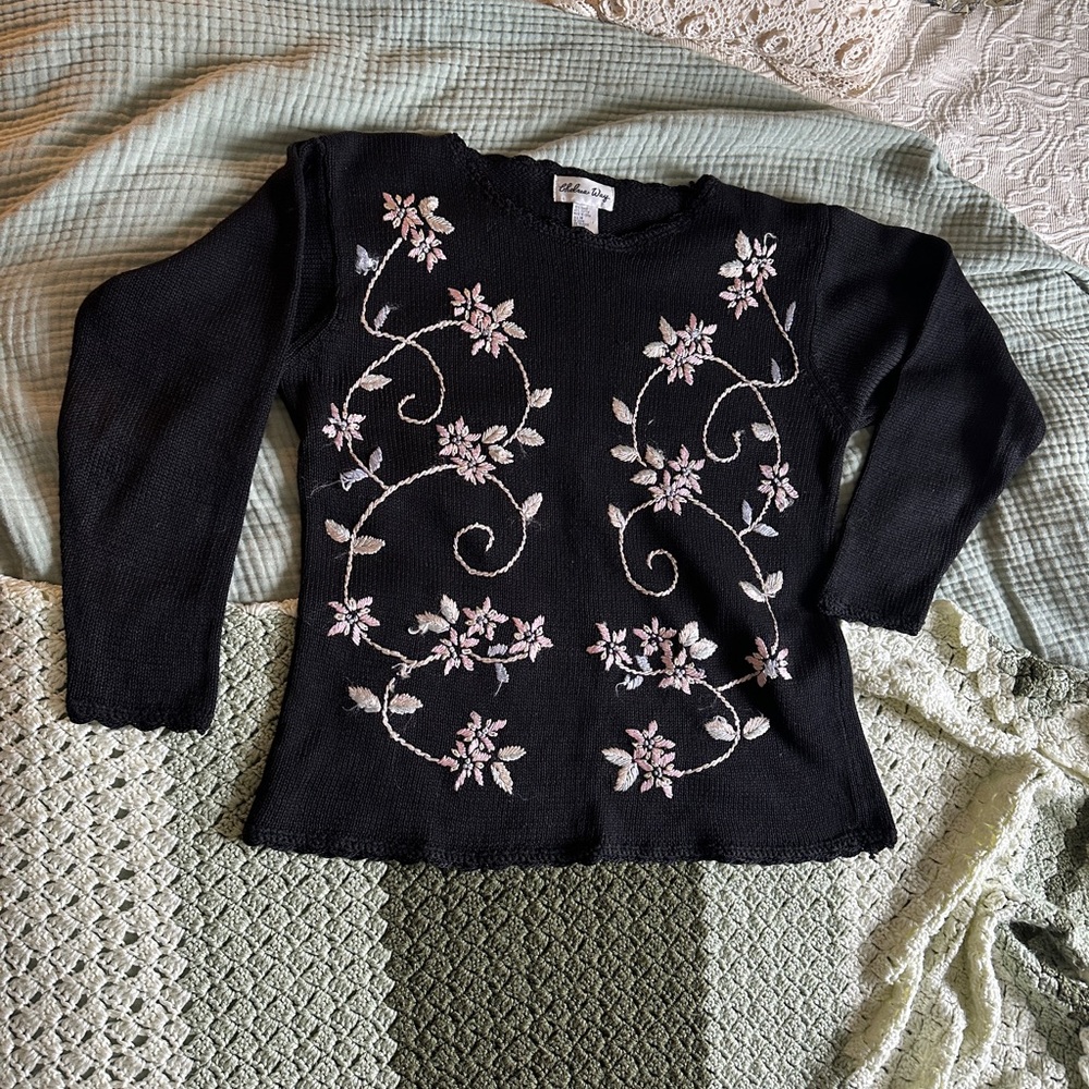 Floral Embroidered Black Sweater